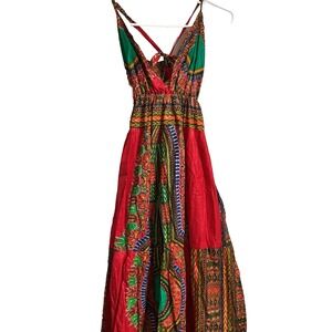 Grass Fields Womens African Floral Boho Print Maxi Dress Spaghetti Strap Large